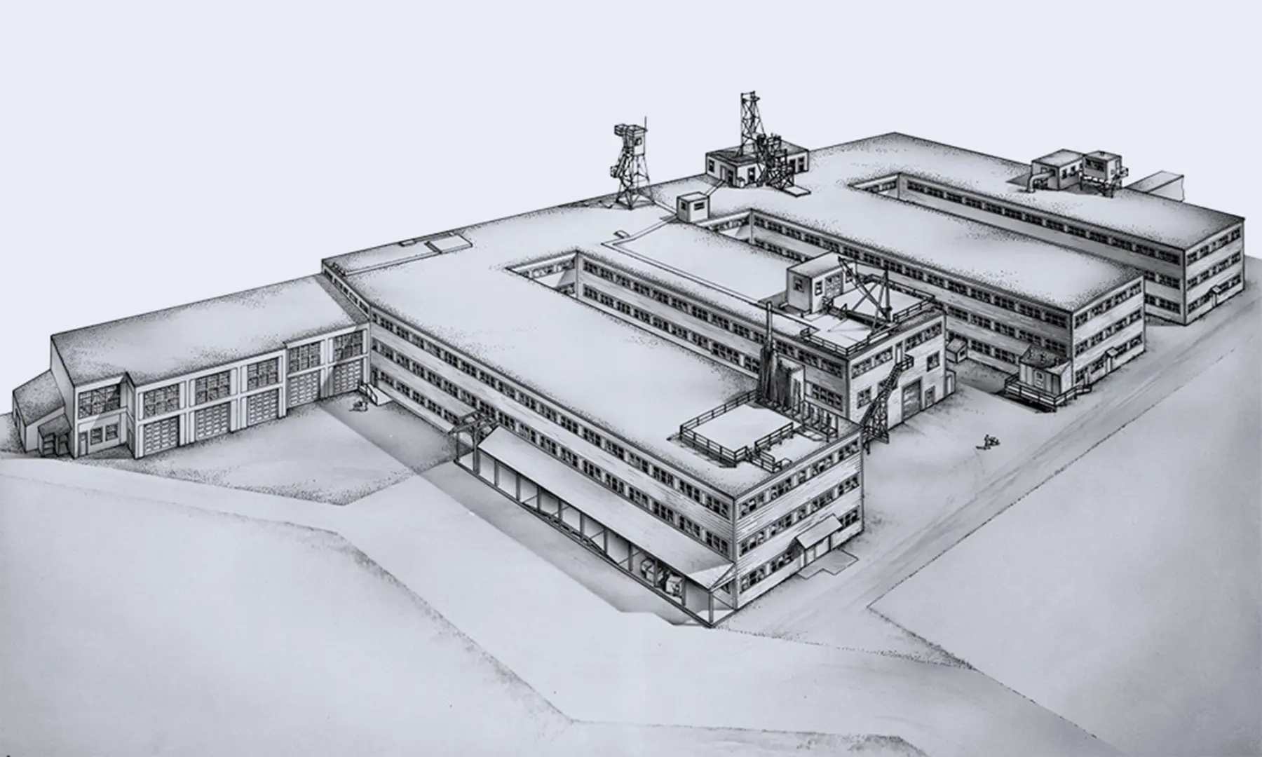 Architectural illustration of MIT’s Building 20